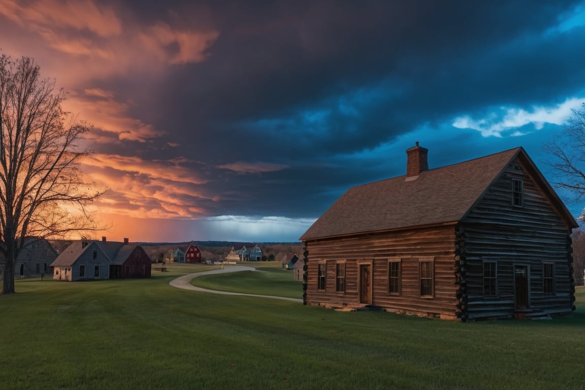 landscape, scenery, American village, spooky sky, 8K, raw photos, best quality, masterpiece, authentic,