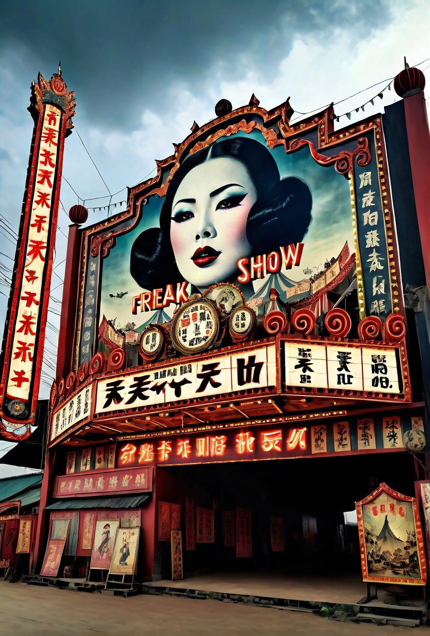 Landscape overlooking a creepy chines freak  show, dramatic angle, panoramic view, realistic and detailed, retro suspense movie poster style, surreal, masterpiece,darkart,tenkaippin