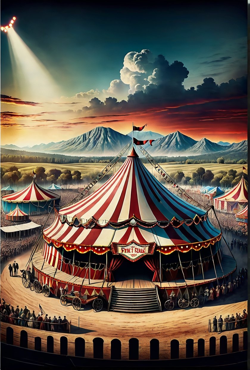 Landscape overlooking a creepy circus freak show, dramatic angle, panoramic view, realistic and detailed, retro suspense movie poster style, surreal, masterpiece,