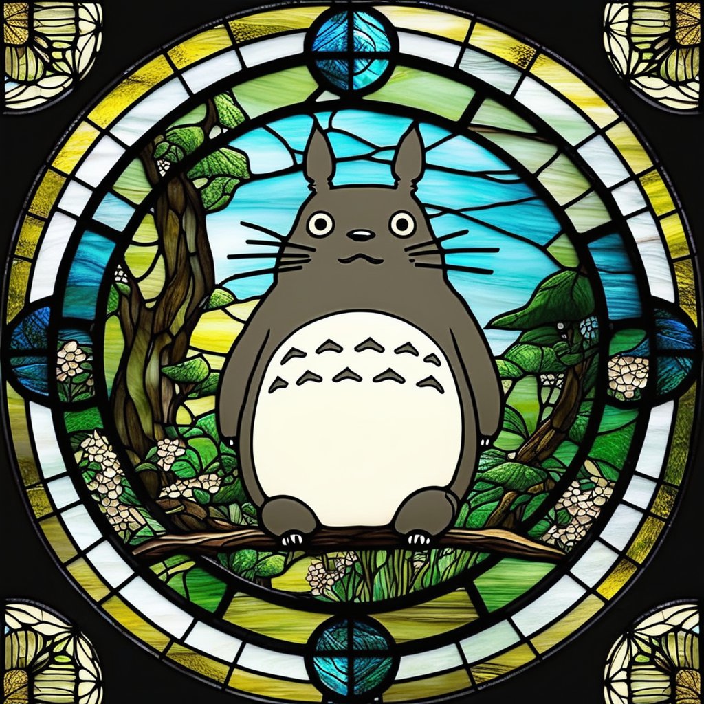 totoro, ghibli style, masterpiece, simple background, (Stained glass), Circle,Stained glass, 32k, ultra realistic, best quality