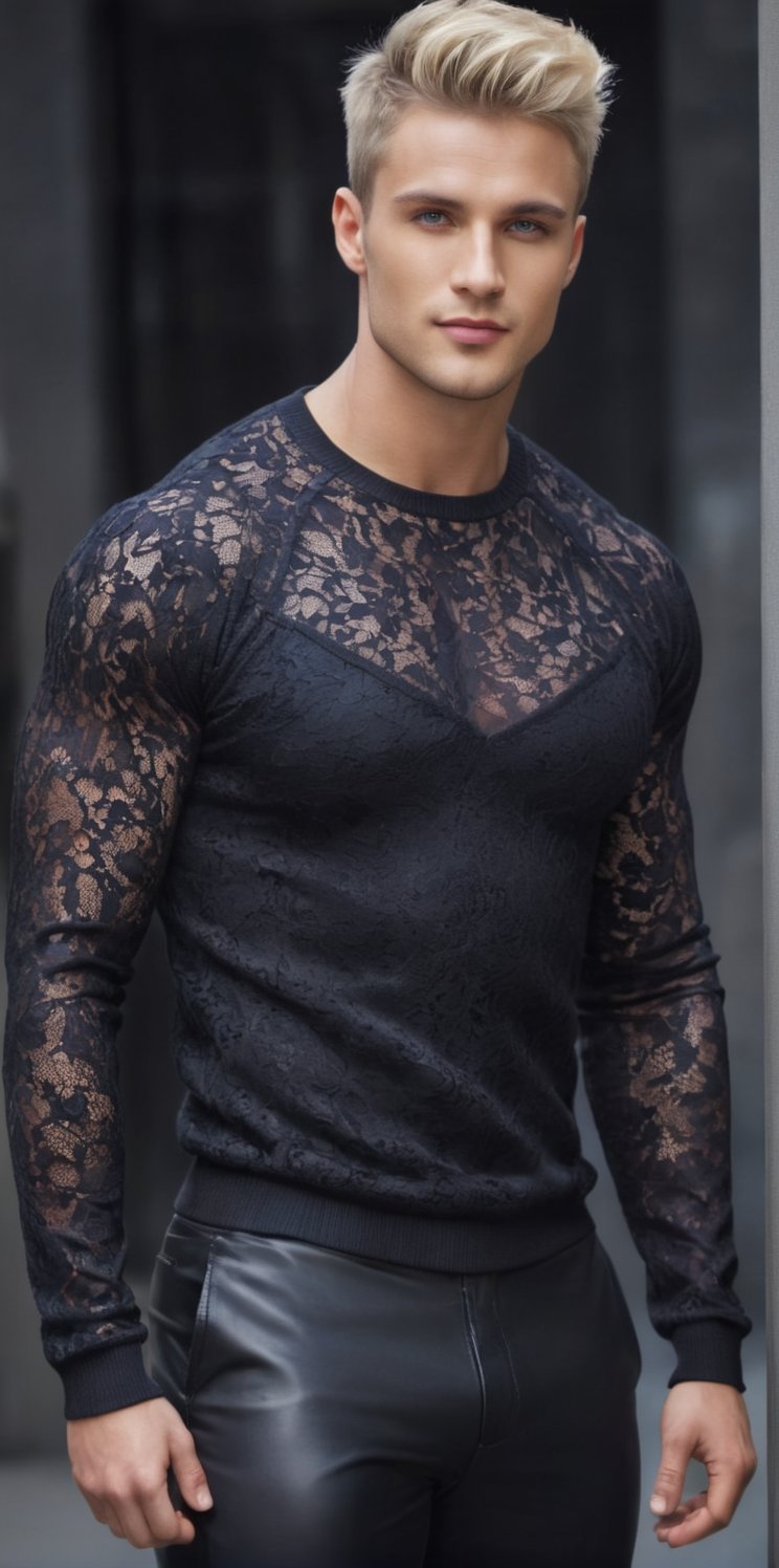 
Imagine the following scene:

Photograph of a beautiful man. Full body shot.

(((Wearing a black lace sweater))), shiny black latex pants. black sandals. 

The man is from Poland, black hair, very light and bright blue eyes, big eyes, red and full lips. Muscular. 30yo. Short hair. blush. blond.

Look at the camera, smile, dynamic pose. Standing

Blurred background. Dark background

(photorealistic), masterpiece: 1.5, beautiful lighting, best quality, beautiful lighting, realistic and natural image, intricate details, all in sharp focus, perfect focus, photography, masterpiece, meticulous nuances, supreme resolution, 32K, ultra-sharp, Superior Quality, realistic and complex details, perfect proportions, perfect hands, perfect feet.