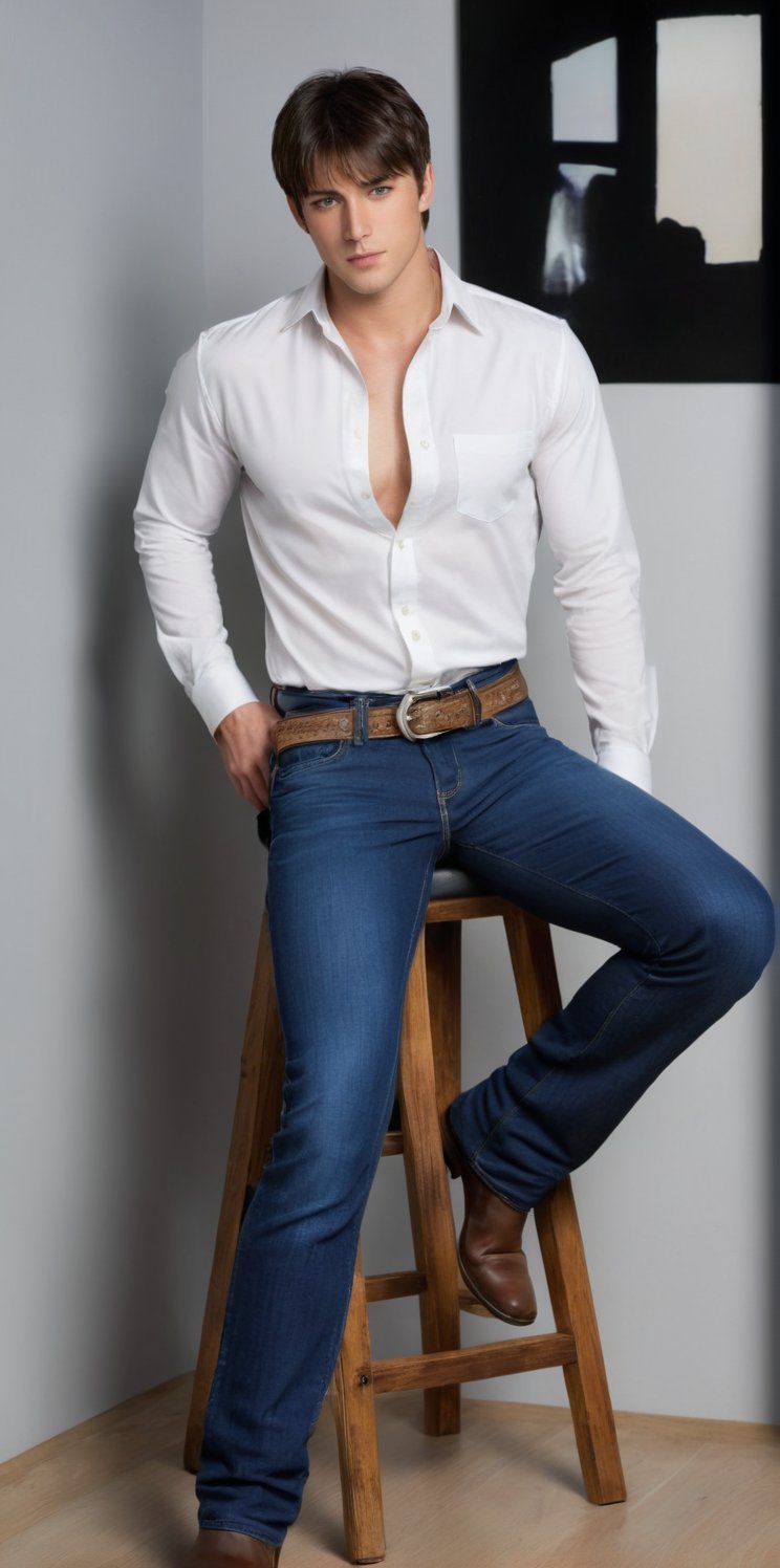1boy, male_child, hansome, alone, looking at viewer, short hair, bangs, blue eyes, simple background, brown hair, shirt, black hair, long sleeves, white shirt, cowboy shot, belt, pants, denim, black background, jeans, realistic, sitting on a stool in the middle of the room. Showing his big, hairy chest, open shirt, discreet smile