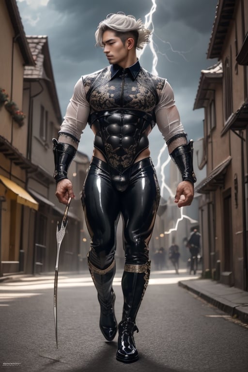 realistic, masterpiece, intricate details, detailed background, depth of field, muscular, photo of a handsome (young corean man with k-pop idol look), 25yo,  wearing latex collared shirt, shiny latex, fighting stance, dynamic pose, walking, thongs, full body portrait, black boots, holding a bow, with arrows on the back, in the street of a medieval town, (short white hair), It has a touch of mystery and magic, dark clouds, and lightning falling to the ground. voluptuous crotch, The thong shows a large, erect penis