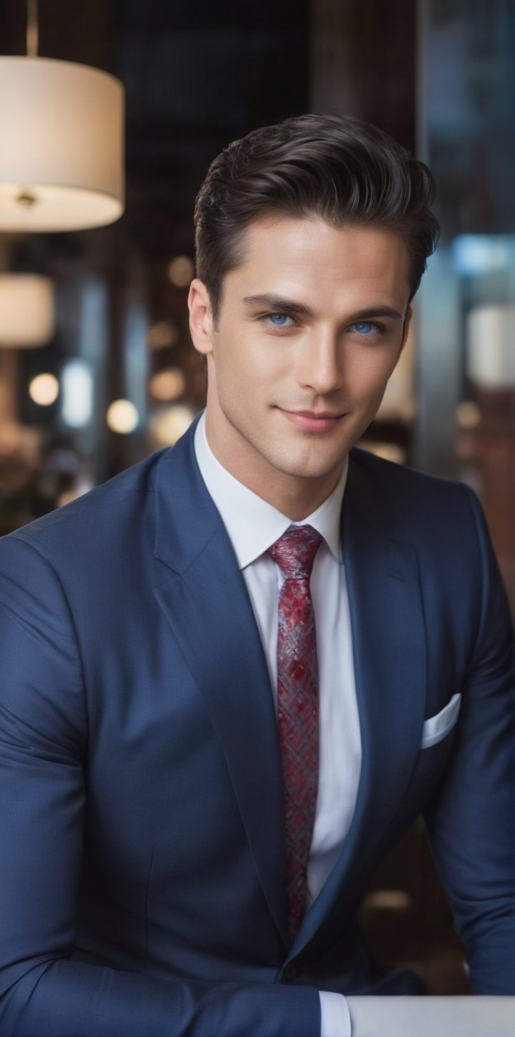 
Imagine the following scene:

Photograph of a beautiful man. Full body shot.

The man is inside a restaurant, sitting elegantly at a table. It is a very luxurious restaurant.

The man wears a blue checkered long-sleeved shirt. Black pants, black dress shoes. Red tie.
 
The man is from Portugal, 30yo, muscular, big and bright blue eyes. Masculine, full and red lips. Blush. tanned. Coiffed black hair, short hair. 

sitting in style. dynamic pose, smile

(photorealistic), masterpiece: 1.5, beautiful lighting, best quality, beautiful lighting, realistic and natural image, intricate details, everything in sharp focus, perfect focus, photography, masterpiece, meticulous nuances, supreme resolution, 32K, ultra-sharp, quality superior, realistic and complex details, perfect proportions, perfect hands, perfect feet.