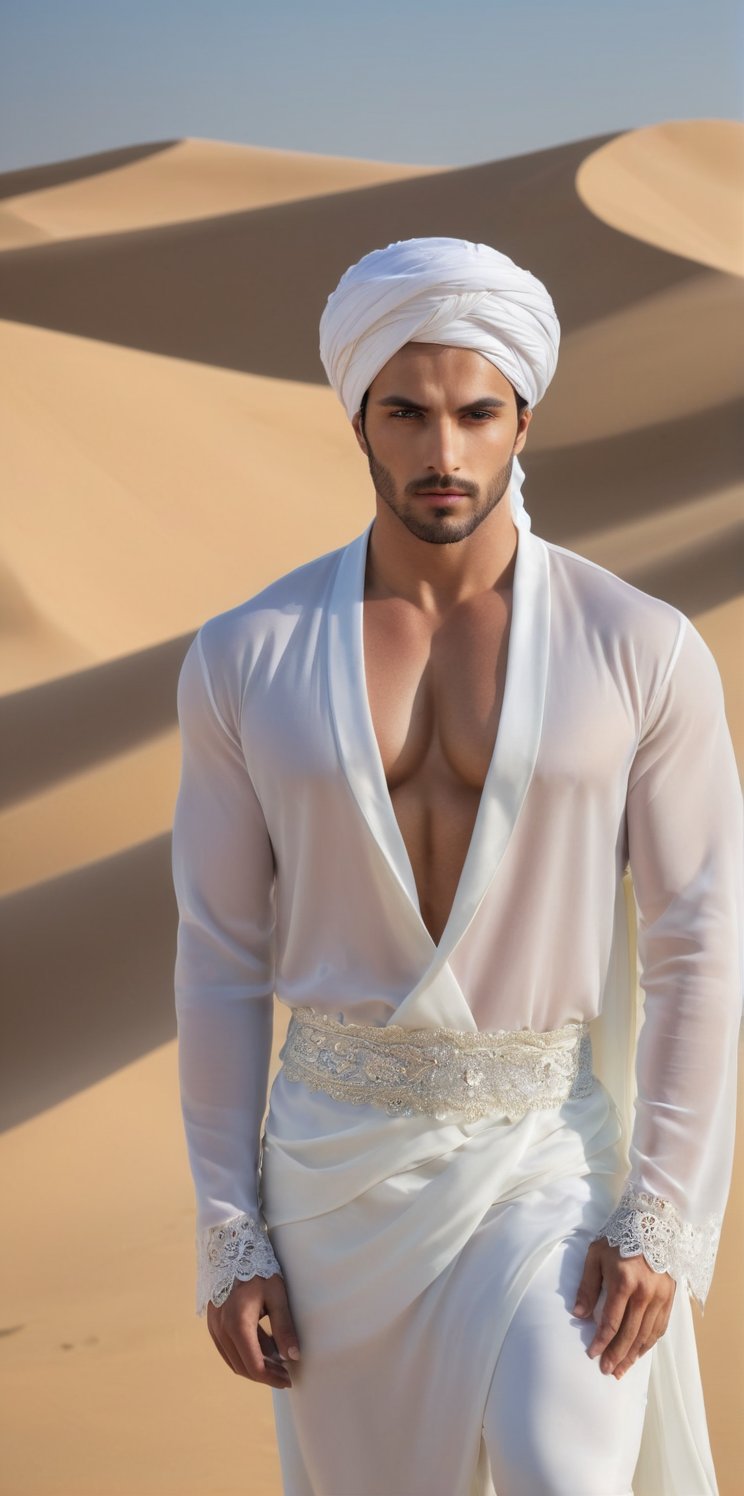 Imagine the following scene:

Photograph of a beautiful man. Full body shot.

The man is on a big dune in the desert, a lot of shiny sand, it's very hot.

The man wears a thawb of transparent silk, the thawb of lace. You can see the beautiful and muscular silhouette of the man 

The man is from Iran, 30yo, muscular, big and bright blue eyes. He wears a silk and lace turban. Masculine, full and red lips. Blush.   

(photorealistic), masterpiece: 1.5, beautiful lighting, best quality, beautiful lighting, realistic and natural image, intricate details, everything in sharp focus, perfect focus, photography, masterpiece, meticulous nuances, supreme resolution, 32K, ultra-sharp, quality superior, realistic and complex details, perfect proportions, perfect hands, perfect feet.