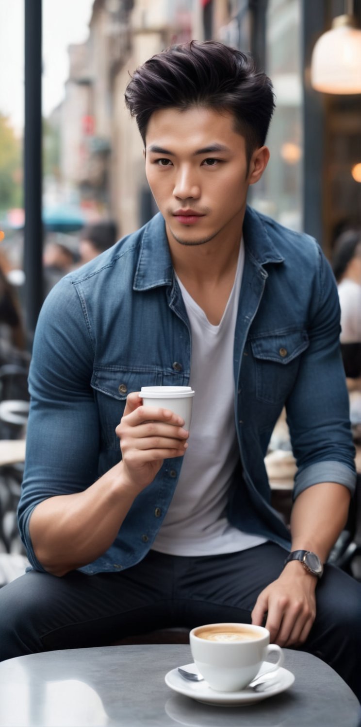Imagine the following scene: Photograph of a beautiful man. Full body shot. The man is sitting in a city cafe. He has a cup of coffee in his hands. He wears casual clothes. The man is from China, he is 20 years old, with black and wavy hair. red and full lips. Muscular. Short hair. blush. dynamic posture. (photorealistic), masterpiece: 1.5, beautiful lighting, best quality, beautiful lighting, realistic and natural image, intricate details, all in sharp focus, perfect focus, photography, masterpiece, meticulous nuances, supreme resolution, 32K, ultra-sharp, Superior Quality, realistic and complex details, perfect proportions, perfect hands, perfect feet.