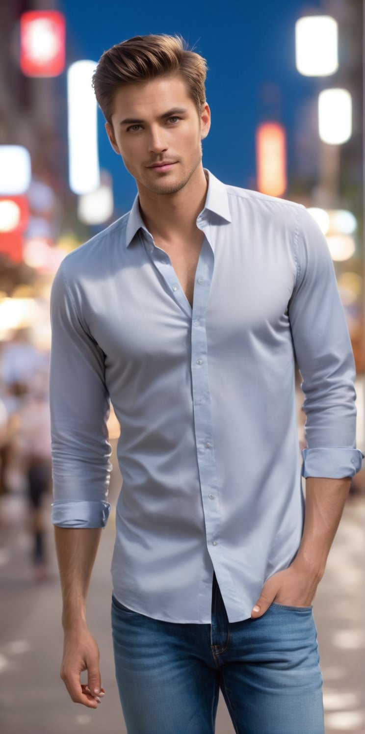 
Imagine the following scene:

Photograph of a beautiful man. Full body shot.

The man walks down a large avenue, with many people and cars. It's night. The blurred background. 

((wearing a light gray silk and lace shirt, jeans, sports shoes)).

(((The man is from Japan))), 30 years old, normal body, big bright blue eyes. Masculine, full and red lips. Blush. very straight and short hair.

Standing in the center of the shot, dynamic pose, walking, smile.

(photorealistic), masterpiece: 1.5, beautiful lighting, best quality, beautiful lighting, realistic and natural image, intricate details, everything in sharp focus, perfect focus, photography, masterpiece, meticulous nuances, supreme resolution, 32K, ultra-sharp, quality Details superior, realistic and complex, perfect proportions, perfect hands, perfect feet.