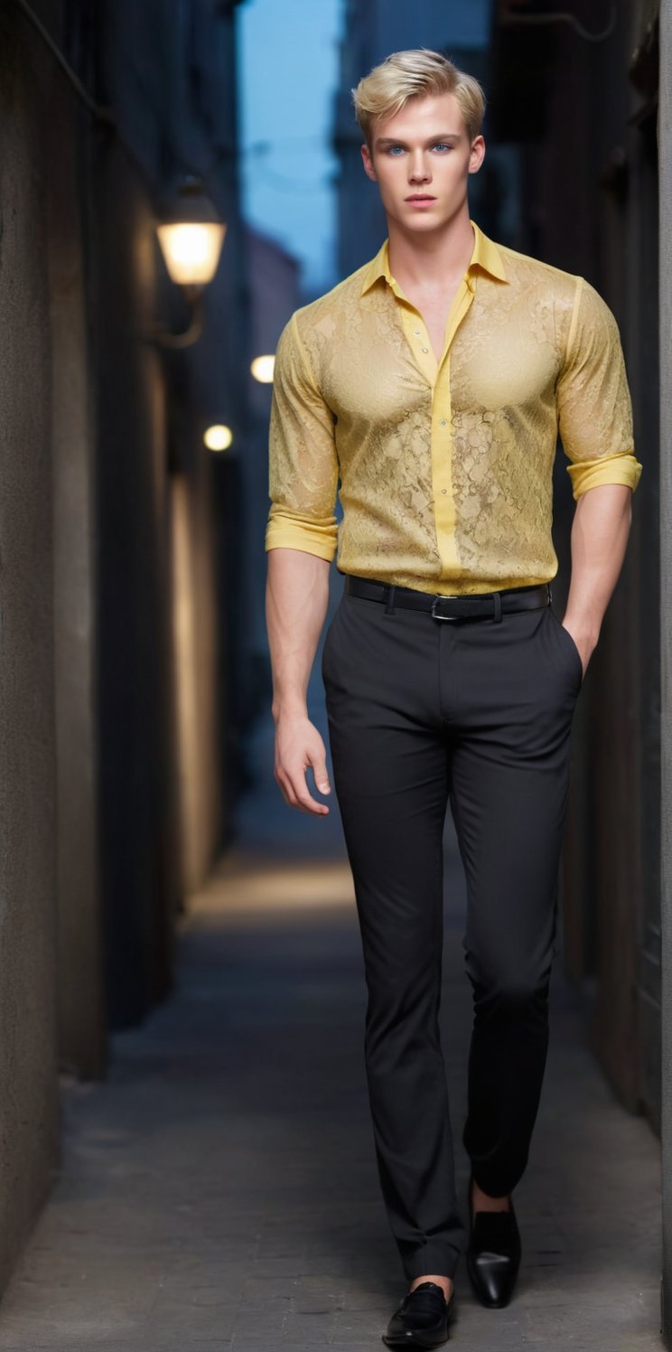 Imagine the following scene:

Photograph of a beautiful man. Full body shot.

Wearing yellow lace shirt, black dress pants. Black shoes.

The man is from Finland, 20 years old, very light and bright blue eyes, big eyes, red and full lips. Muscular. Short hair. blush. Freckles, blonde.

Walking, dynamic pose.

The background is a very dark alley, it is night. blurred background

(photorealistic), masterpiece: 1.5, beautiful lighting, best quality, beautiful lighting, realistic and natural image, intricate details, all in sharp focus, perfect focus, photography, masterpiece, meticulous nuances, supreme resolution, 32K, ultra-sharp, Superior Quality, realistic and complex details, perfect proportions, perfect hands, perfect feet.