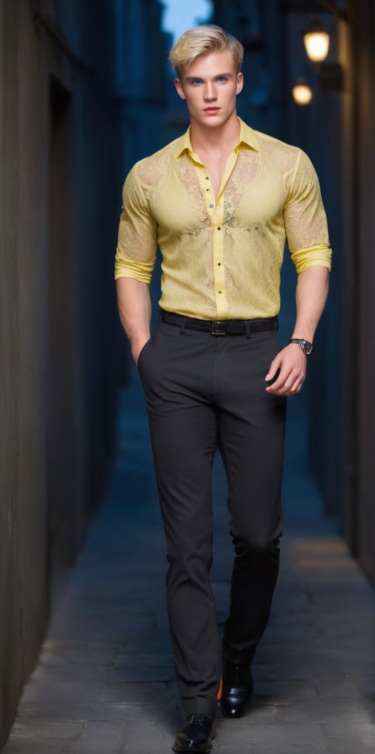 Imagine the following scene:

Photograph of a beautiful man. Full body shot.

Wearing a yellow lace shirt, black dress pants. Black shoes.

The man is from Finland, 20 years old, very light and bright blue eyes, big eyes, red and full lips. Muscular. Short hair. blush. Freckles, blonde.

Walking, dynamic pose.

The background is a very dark alley, it is night. blurred background

(photorealistic), masterpiece: 1.5, beautiful lighting, best quality, beautiful lighting, realistic and natural image, intricate details, all in sharp focus, perfect focus, photography, masterpiece, meticulous nuances, supreme resolution, 32K, ultra-sharp, Superior Quality, realistic and complex details, perfect proportions, perfect hands, perfect feet.