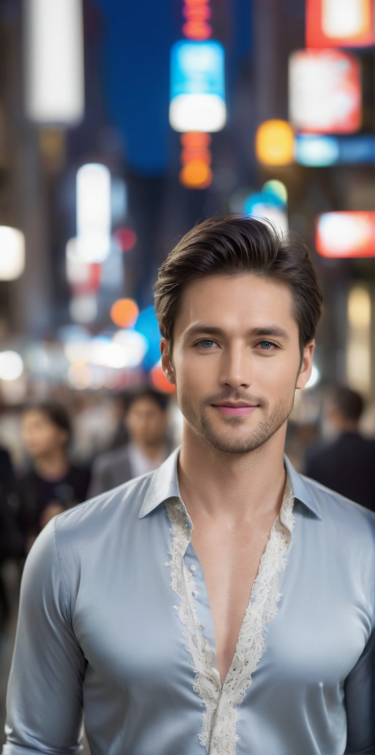 
Imagine the following scene:

Photograph of a beautiful man. Full body shot.

The man walks down a large avenue, with many people and cars. It's night. The blurred background. 

((wearing a light gray silk and lace shirt, jeans, sports shoes)).

The man is from Japan, 30 years old, normal body, big bright blue eyes. Masculine, full and red lips. Blush. very straight and short hair.

Standing in the center of the shot, dynamic pose, walking, smile.

(photorealistic), masterpiece: 1.5, beautiful lighting, best quality, beautiful lighting, realistic and natural image, intricate details, everything in sharp focus, perfect focus, photography, masterpiece, meticulous nuances, supreme resolution, 32K, ultra-sharp, quality Details superior, realistic and complex, perfect proportions, perfect hands, perfect feet.