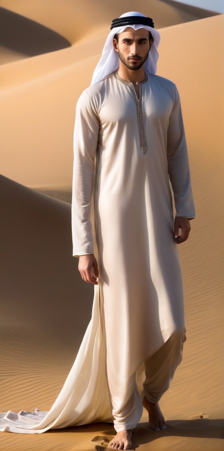 Imagine the following scene:

Photograph of a beautiful man. Full body shot.

The man is on a big dune in the desert, a lot of shiny sand, it's very hot.

The man wears a thawb of transparent silk, the thawb of lace. 

The man is from Egypt, 30yo, muscular, big bright eyes.  

(photorealistic), masterpiece: 1.5, beautiful lighting, best quality, beautiful lighting, realistic and natural image, intricate details, everything in sharp focus, perfect focus, photography, masterpiece, meticulous nuances, supreme resolution, 32K, ultra-sharp, quality superior, realistic and complex details, perfect proportions, perfect hands, perfect feet.