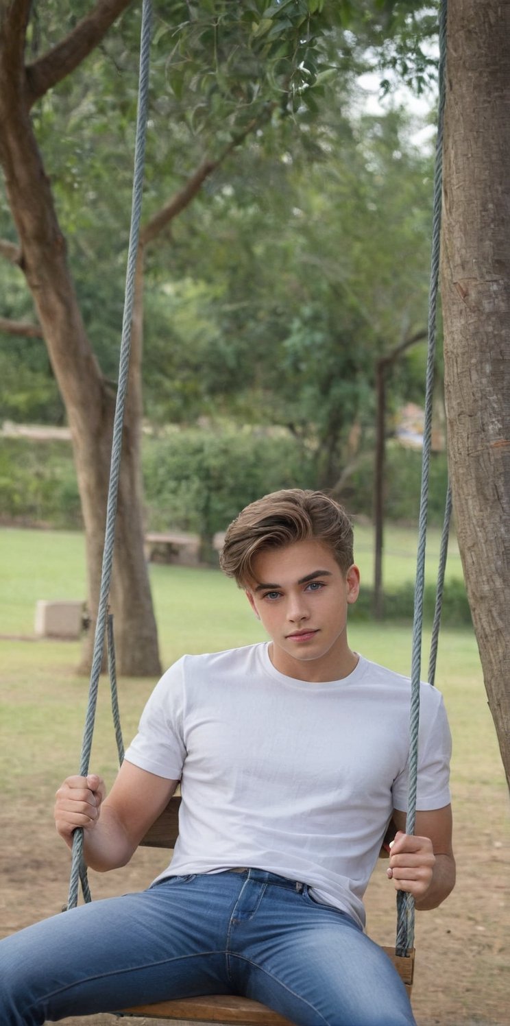 Imagine the following scene.

In a park, with many people walking. With many tall trees.

In a tree a handsome young man is sitting on a swing. The swing is attached to one of the thick branches of the tree.

The man is from Honduras. He has very light and bright blue eyes, big eyes, long eyelashes, full red lips, and muscular. 18yo.

He is sitting on the swing with a calm and carefree expression, he is swinging on the swing.

Wear casual clothes, white shirt, jeans, sports shoes.

The shot is wide to capture the details of the scene, best quality, 8K, high resolution, masterpiece, HD, perfect proportions, perfect hands.