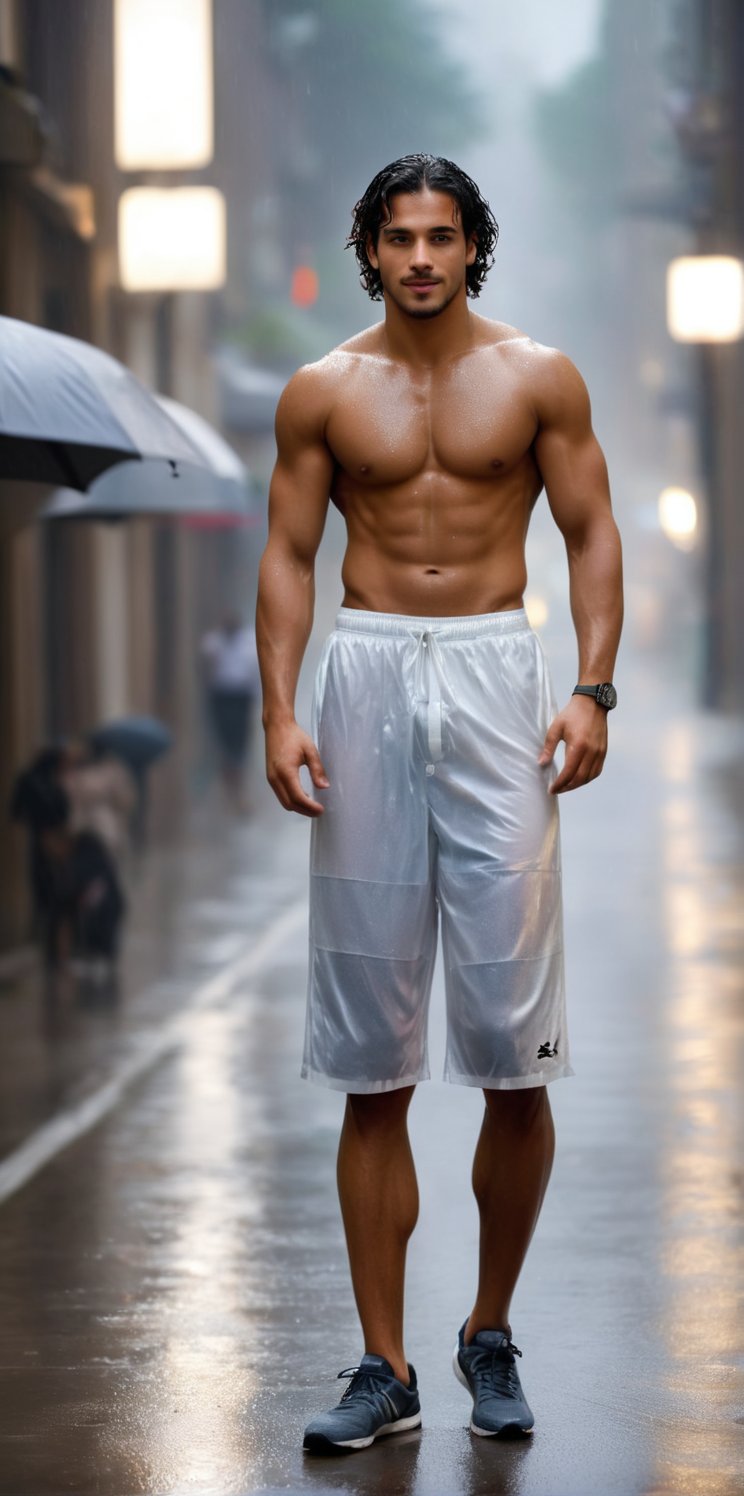 
Imagine the following scene:

Realistic photography of a beautiful man standing on a street in the rain.

The image is enigmatic. The man is in the rain in the white and foggy city. Surrounded by fog, 

The image has a touch of mystery. The light and reflections on the floor surface must be taken care of.

The wet man is wearing white sports shorts, a tank top and sports shoes.

(((wet body, wet body, wet hair, wet hair, wet clothes)))

The man is from Venezuela, dark-skinned, 20yo, average body. Short wavy brown hair. symmetrical face, masculine.

Enjoy the rain, smile, dynamic pose

photorealistic), masterpiece: 1.5, beautiful lighting, best quality, beautiful lighting, realistic and natural image, intricate details, all in sharp focus, perfect focus, photography, masterpiece, meticulous nuances, supreme resolution, 32K, ultra-sharp, Superior Quality, realistic and complex details, perfect proportions, perfect hands, perfect feet.