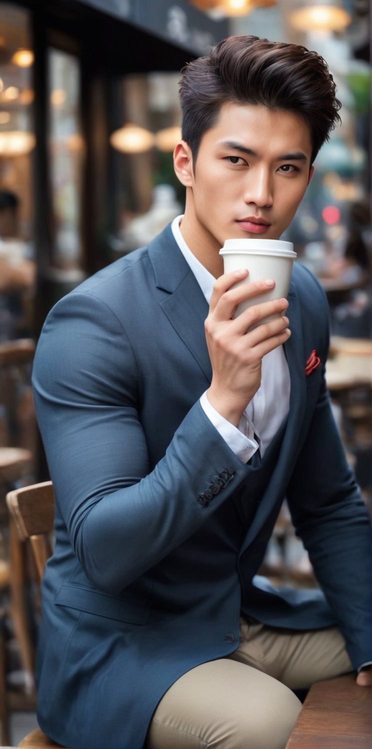 Imagine the following scene: Photograph of a beautiful man. Full body shot. The man is sitting in a city cafe. He has a cup of coffee in his hands. He wears casual clothes. The man is from China, he is 20 years old, with black and wavy hair. red and full lips. Muscular. Short hair. blush. dynamic posture. (photorealistic), masterpiece: 1.5, beautiful lighting, best quality, beautiful lighting, realistic and natural image, intricate details, all in sharp focus, perfect focus, photography, masterpiece, meticulous nuances, supreme resolution, 32K, ultra-sharp, Superior Quality, realistic and complex details, perfect proportions, perfect hands, perfect feet.