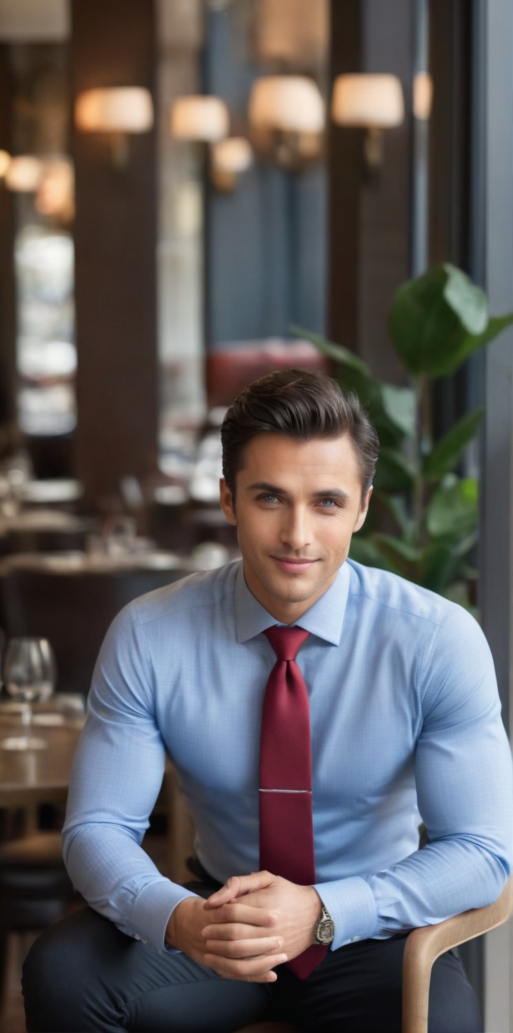 
Imagine the following scene:

Photograph of a beautiful man. Full body shot.

The man is inside a restaurant, sitting elegantly at a table. It is a very luxurious restaurant.

The man wears a blue checkered long-sleeved shirt. Black pants, black dress shoes. Red tie.
 
The man is from Portugal, 30yo, muscular, big and bright blue eyes. Masculine, full and red lips. Blush. tanned. Coiffed black hair, short hair. 

sitting in style. dynamic pose, smile

(photorealistic), masterpiece: 1.5, beautiful lighting, best quality, beautiful lighting, realistic and natural image, intricate details, everything in sharp focus, perfect focus, photography, masterpiece, meticulous nuances, supreme resolution, 32K, ultra-sharp, quality superior, realistic and complex details, perfect proportions, perfect hands, perfect feet.