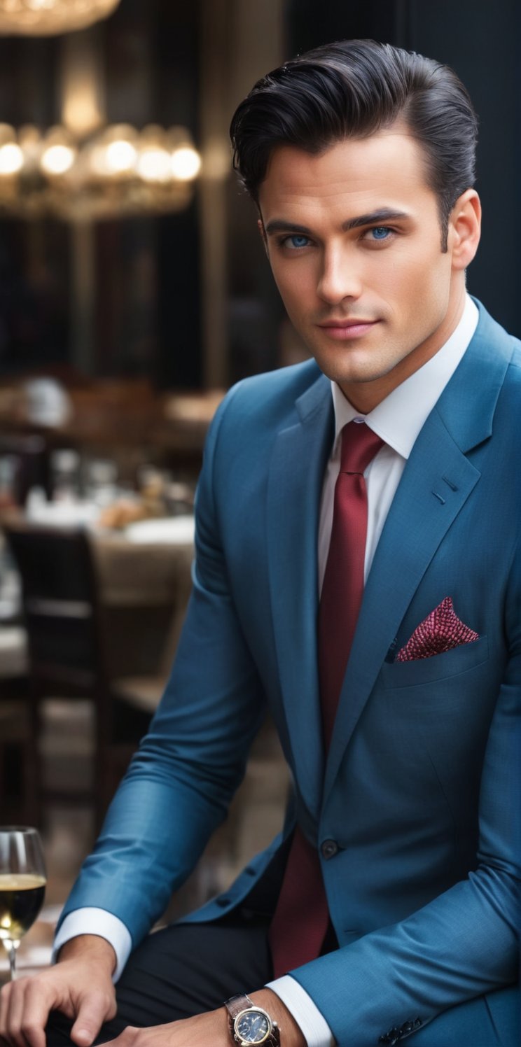 
Imagine the following scene:

Photograph of a beautiful man. Full body shot.

The man is inside a restaurant, sitting elegantly at a table. It is a very luxurious restaurant.

The man wears a blue checkered long-sleeved shirt. Black pants, black dress shoes. Red tie.
 
The man is from Portugal, 30yo, muscular, big and bright blue eyes. Masculine, full and red lips. Blush. tanned. Coiffed black hair, short hair. 

sitting in style. dynamic pose, smile

(photorealistic), masterpiece: 1.5, beautiful lighting, best quality, beautiful lighting, realistic and natural image, intricate details, everything in sharp focus, perfect focus, photography, masterpiece, meticulous nuances, supreme resolution, 32K, ultra-sharp, quality superior, realistic and complex details, perfect proportions, perfect hands, perfect feet.