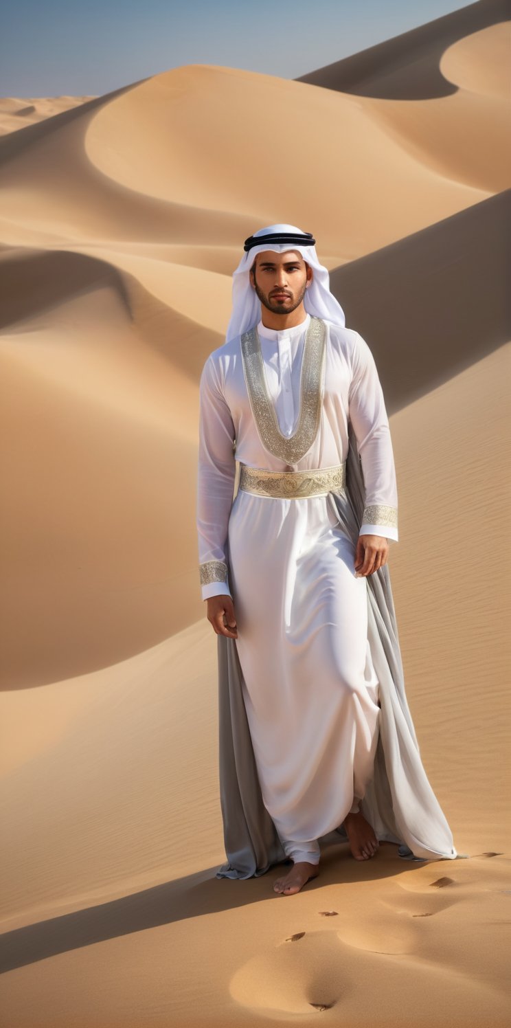 Imagine the following scene:

Photograph of a beautiful man. Full body shot.

The man is on a big dune in the desert, a lot of shiny sand, it's very hot.

The man wears a thawb of transparent silk, the thawb of lace. 

The man is from Egypt, 30yo, muscular, big bright eyes.  

(photorealistic), masterpiece: 1.5, beautiful lighting, best quality, beautiful lighting, realistic and natural image, intricate details, everything in sharp focus, perfect focus, photography, masterpiece, meticulous nuances, supreme resolution, 32K, ultra-sharp, quality superior, realistic and complex details, perfect proportions, perfect hands, perfect feet.