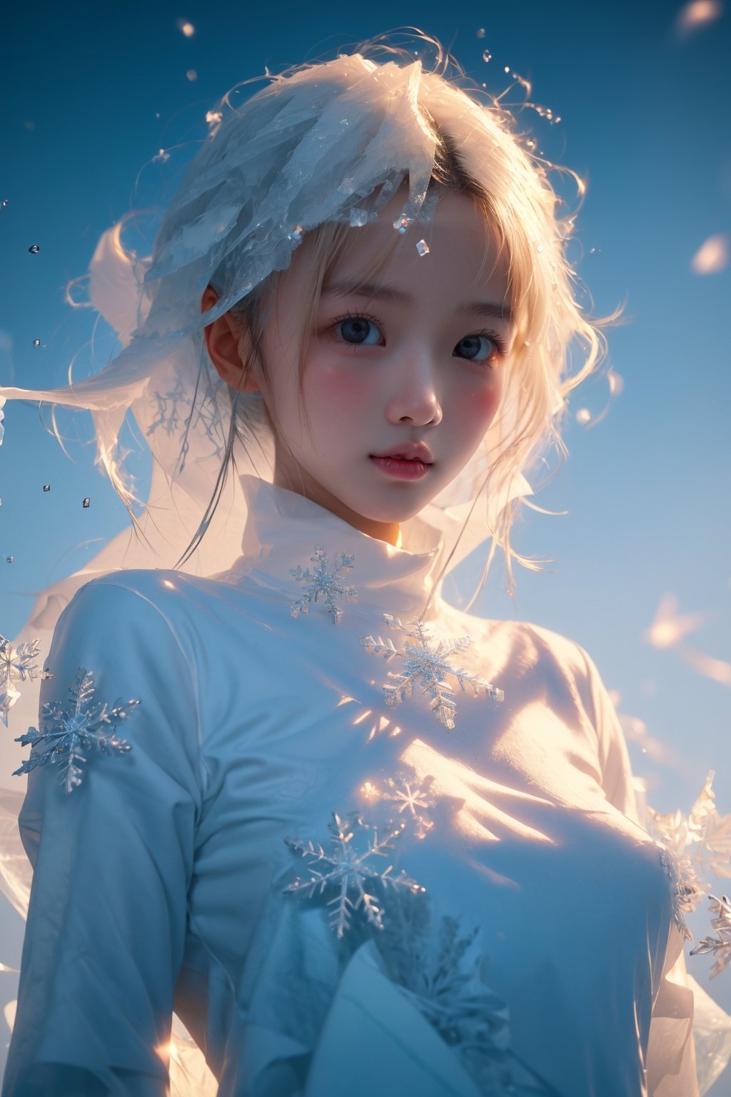  (ice:1.5), ((best quality)), ((masterpiece)), ((ultra-detailed)), extremely detailed CG, (illustration), ((detailed light)), (an extremely delicate and beautiful), a girl, solo, ((upper body,)), ((cute face)), expressionless, (beautiful detailed eyes), full breasts, (medium breasts:1.2), White dragon eyes, (Vertical pupil:1.2), white hair, shiny hair, colored inner hair, [Armor_dress], White_hair ornament, ice adorns hair,depth of field, [ice crystal], (snowflake), angel, (\shuang hua\), ((poakl)),r1ge