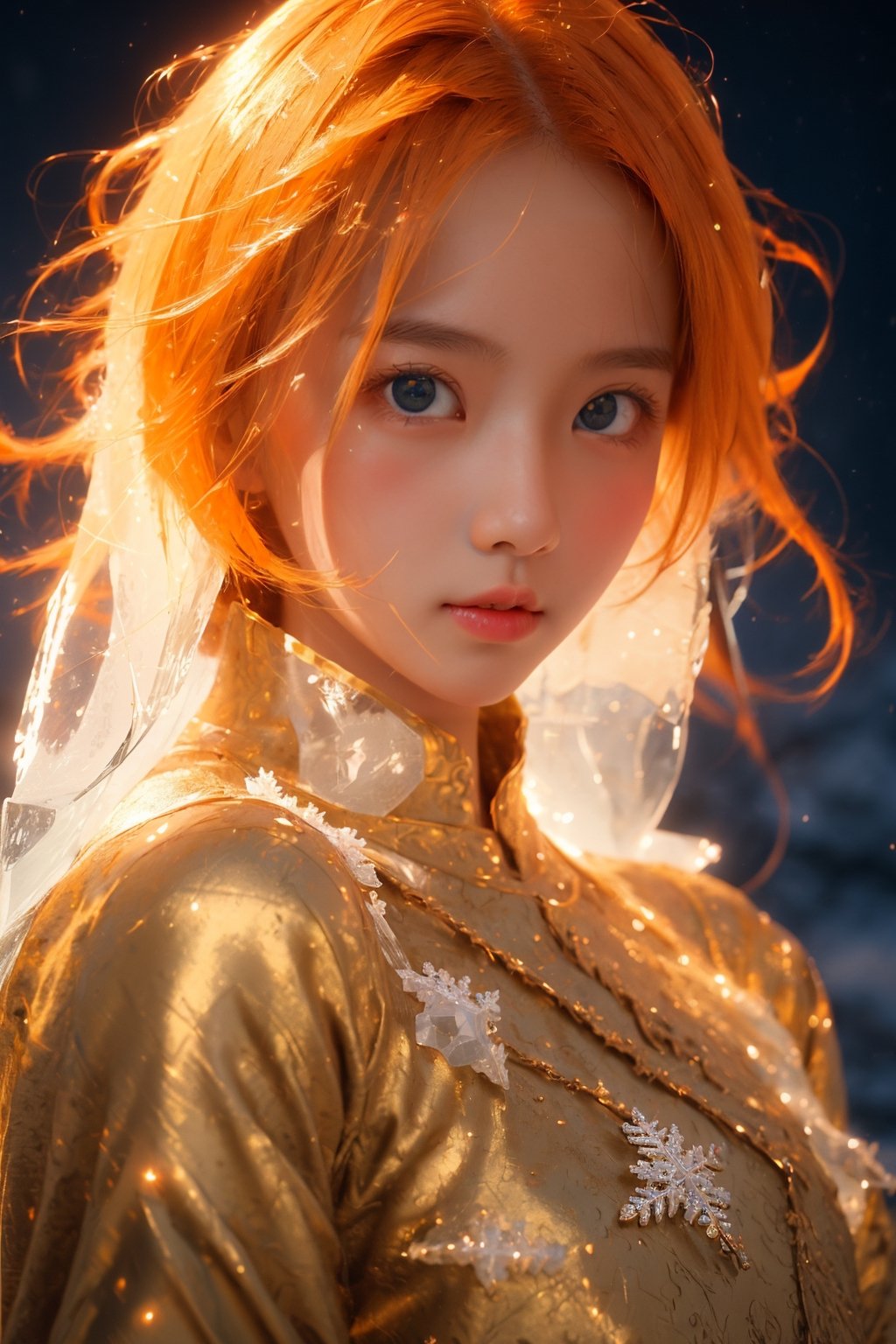  (ice:1.5), ((best quality)), ((masterpiece)), ((ultra-detailed)), extremely detailed CG, (illustration), ((detailed light)), (an extremely delicate and beautiful), a girl, solo, ((upper body,)), ((cute face)), expressionless, (beautiful detailed eyes), full breasts, (medium breasts:1.2), Orange dragon eyes, (Vertical pupil:1.2), white hair, shiny hair, colored inner hair, [Armor_dress], Orange_hair ornament, ice adorns hair,depth of field, [ice crystal], (snowflake), angel, (\shuang hua\), ((poakl)),r1ge
