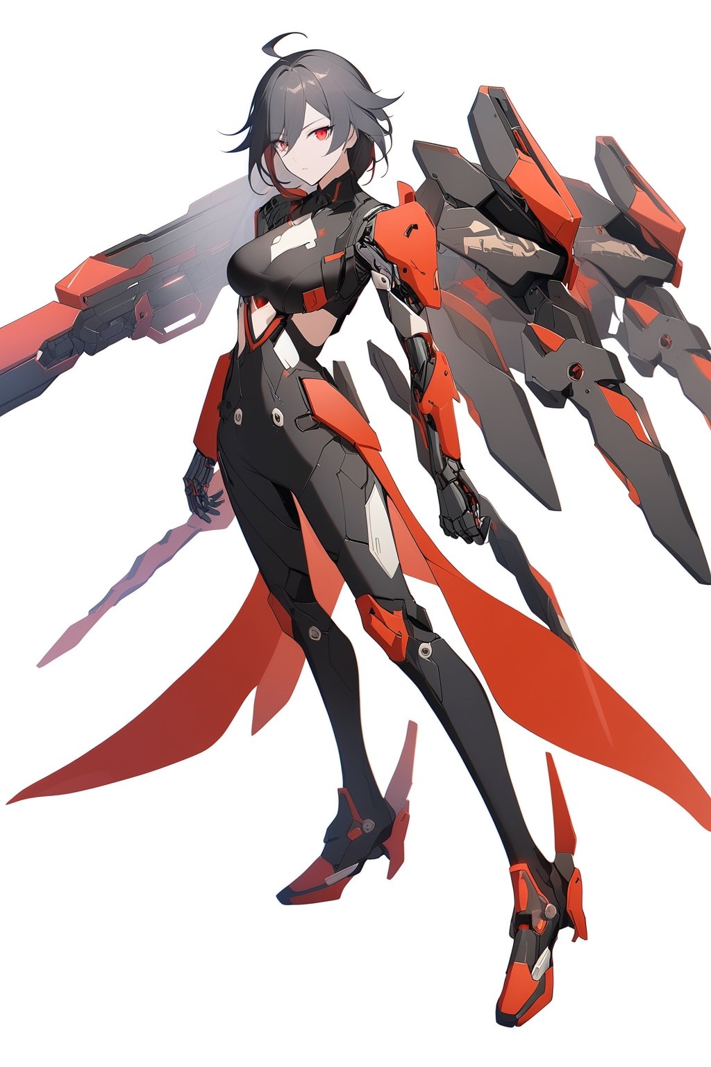 [[fu hua (phoenix)(honkai impact 3rd)]], nai3, 1girl, solo, artstyle,
1girl, solo, breasts, looking at viewer, short hair, bangs, simple background, black hair, red eyes, white background, holding, hair between eyes, standing, full body, weapon, ahoge, holding weapon, science fiction, mechanical arms, cyborg, prosthesis, prosthetic arm, cyberpunk