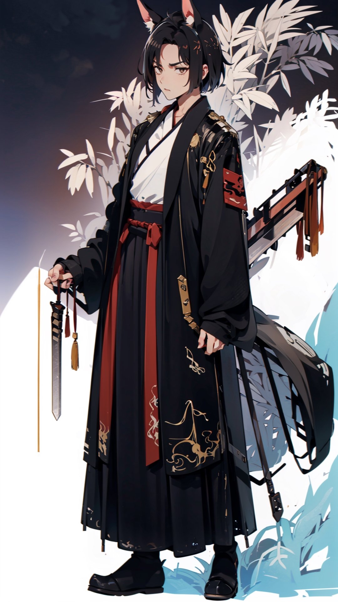 muscular mechanical body, ((1boy))((brown eyes, black-hair)), black leather coat,(( holding chinese blade and Shield)) ,midjourney portrait,swordsman,full_body, , 
,long skirt,line anime,(((animal ears, tail,male, horse ears,horse tail))),print robe,mature,annoyed,((( spiked hair,undercut))),long print skirt