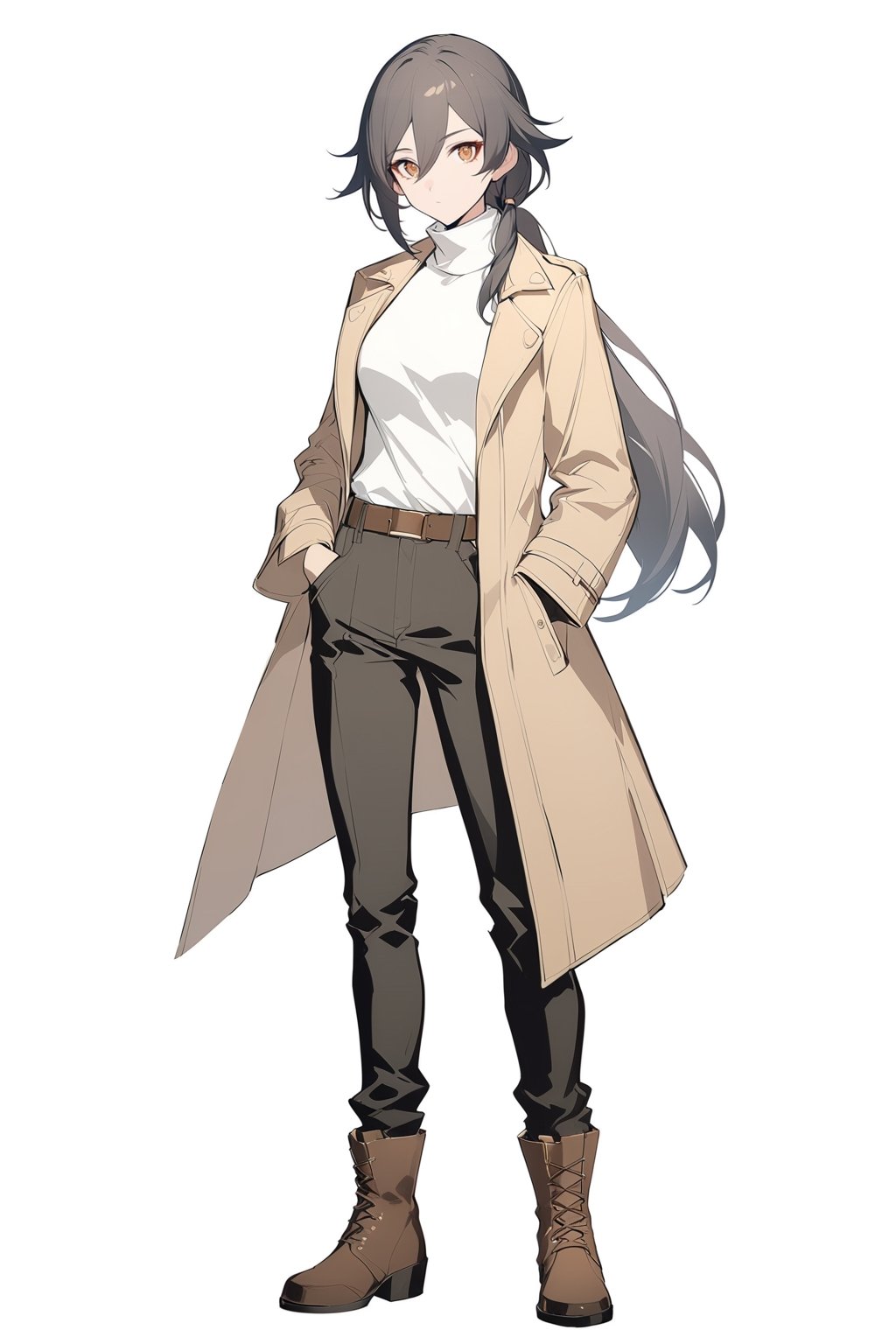 [[fu hua (phoenix)(honkai impact 3rd)]], nai3, 1girl, solo, artstyle,
1girl, solo, long hair, looking at viewer, simple background, brown hair, shirt, black hair, long sleeves, white background, hair between eyes, brown eyes, standing, jacket, full body, ponytail, boots, open clothes, belt, pants, coat, turtleneck, brown footwear, black pants, hand in pocket, brown belt