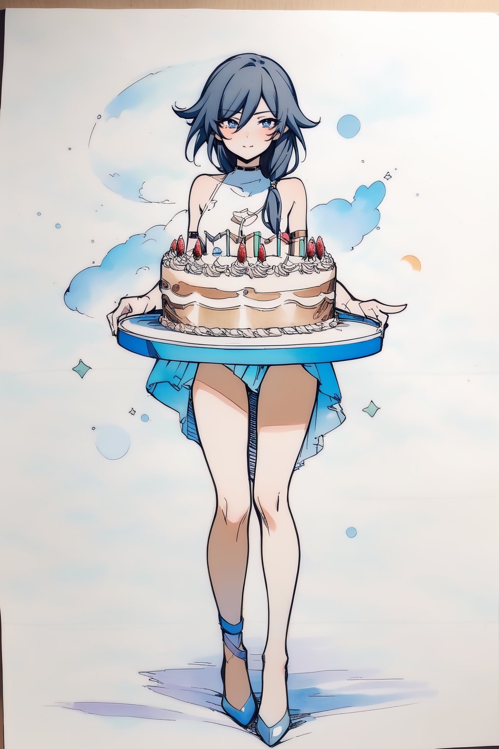 fu hua,(full body), nai3, solo, artstyle,best quality,amazing quality,very aesthetic,absurdres,traditional media 
holding a large birthday cake,"HAPPY BIRTHDAY",cowboy_shot
