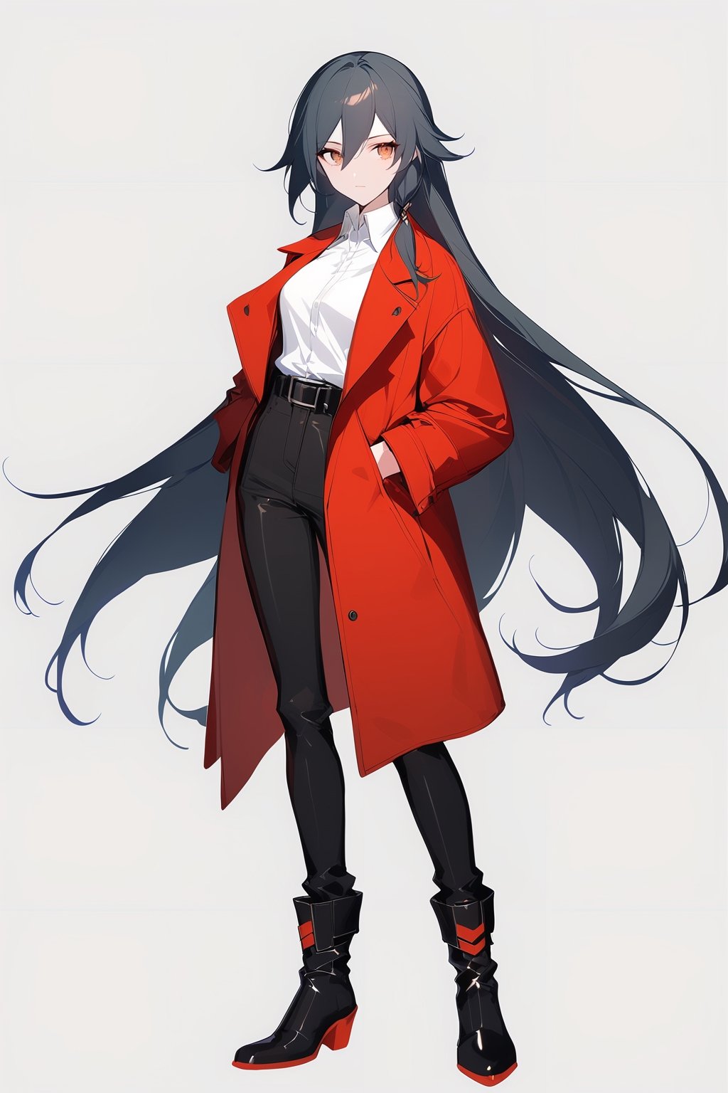 [[fu hua (phoenix)(honkai impact 3rd)]], nai3, 1girl, solo, artstyle,
1girl, solo, long hair, looking at viewer, bangs, simple background, shirt, black hair, long sleeves, white background, hair between eyes, brown eyes, very long hair, closed mouth, standing, full body, white shirt, boots, open clothes, shiny, collared shirt, belt, pants, black footwear, coat, black pants, open coat, hands in pockets, shirt tucked in, red coat, high-waist pants