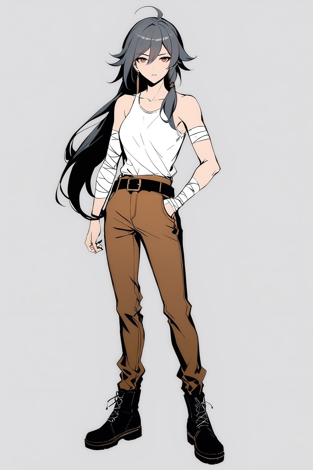 [[fu hua (phoenix)(honkai impact 3rd)]], nai3, 1girl, solo, artstyle,
solo, long hair, looking at viewer, bangs, simple background, shirt, black hair,  white background, hair between eyes, bare shoulders, brown eyes, jewelry, closed mouth, standing, collarbone, jacket, full body, white shirt, ponytail, ahoge, female focus, earrings, boots, parted lips, shoes, belt, pants, black footwear, coat, see-through, bandages, black pants, tank top, tassel, low ponytail, hand in pocket, bandaged arm, bandaged leg, brown pants, bandaged hand,muscle body