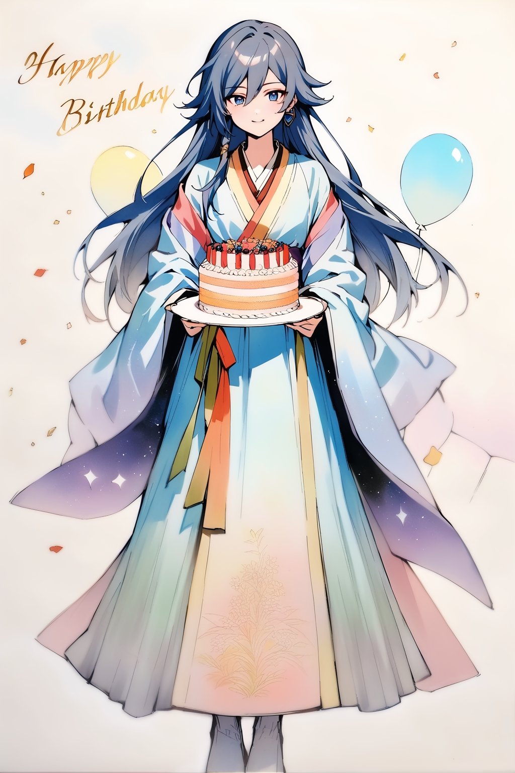 fu hua,(full body), nai3, solo, artstyle,best quality,amazing quality,very aesthetic,absurdres,traditional media 
(((holding a large birthday cake,"HAPPY BIRTHDAY",cowboy_shot,hanfu)))
