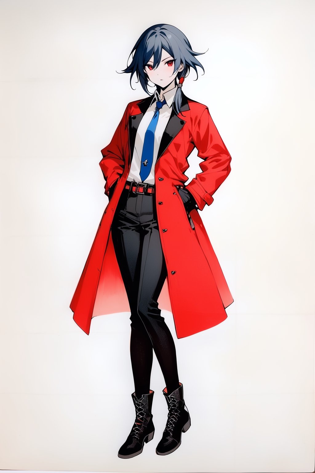 fu hua,(full body), nai3, solo, artstyle,best quality,amazing quality,very aesthetic,absurdres,traditional media 
1girl, solo, looking at viewer, short hair, bangs, shirt, black hair, red eyes, long sleeves, hair between eyes, standing, jacket, full body, white shirt, boots, open clothes, necktie, collared shirt, belt, pants, medium hair, black footwear, coat, black pants, red jacket, hands on hips, open coat, blue necktie, red coat