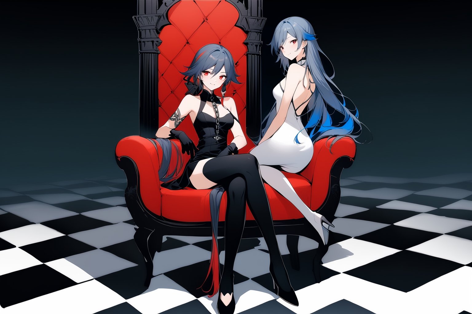 fu hua,(full body), nai3, solo, artstyle,best quality,amazing quality,very aesthetic,absurdres,traditional media 
long hair, smile, short hair, bangs, multiple girls, black hair, hair ornament, red eyes, thighhighs, gloves, dress, 2girls, bare shoulders, sitting, closed mouth, blue hair, full body, flower, red hair, multicolored hair, black gloves, black footwear, white dress, black dress, chain, back, chair, crossed legs, checkered floor, throne, 