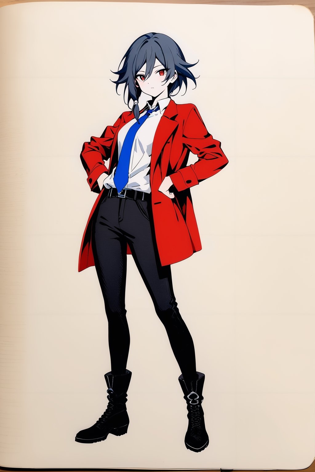 fu hua,(full body), nai3, solo, artstyle,best quality,amazing quality,very aesthetic,absurdres,traditional media 
1girl, solo, looking at viewer, short hair, bangs, shirt, black hair, red eyes, long sleeves, hair between eyes, standing, jacket, full body, white shirt, boots, open clothes, necktie, collared shirt, belt, pants, medium hair, black footwear, coat, black pants, red jacket, hands on hips, open coat, blue necktie, red coat