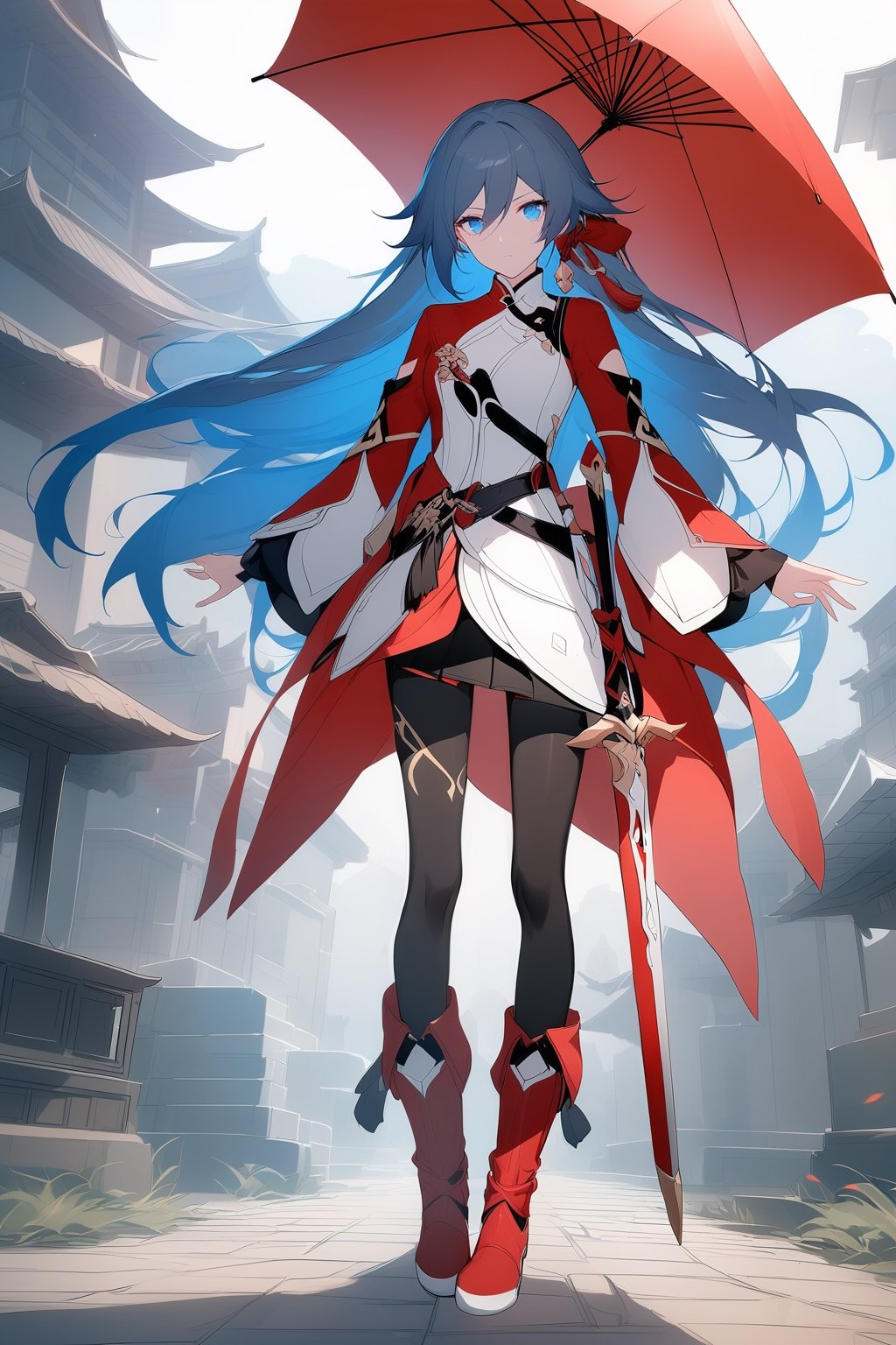 [[fu hua (phoenix)(honkai impact 3rd)]], nai3, 1girl, solo, artstyle,
1girl, solo, long hair, looking at viewer, bangs, blue eyes, long sleeves, ribbon, holding, hair between eyes, closed mouth, blue hair, standing, full body, hair ribbon, weapon, boots, outdoors, sword, armor, umbrella, outstretched arms, red footwear, sheath, sheathed