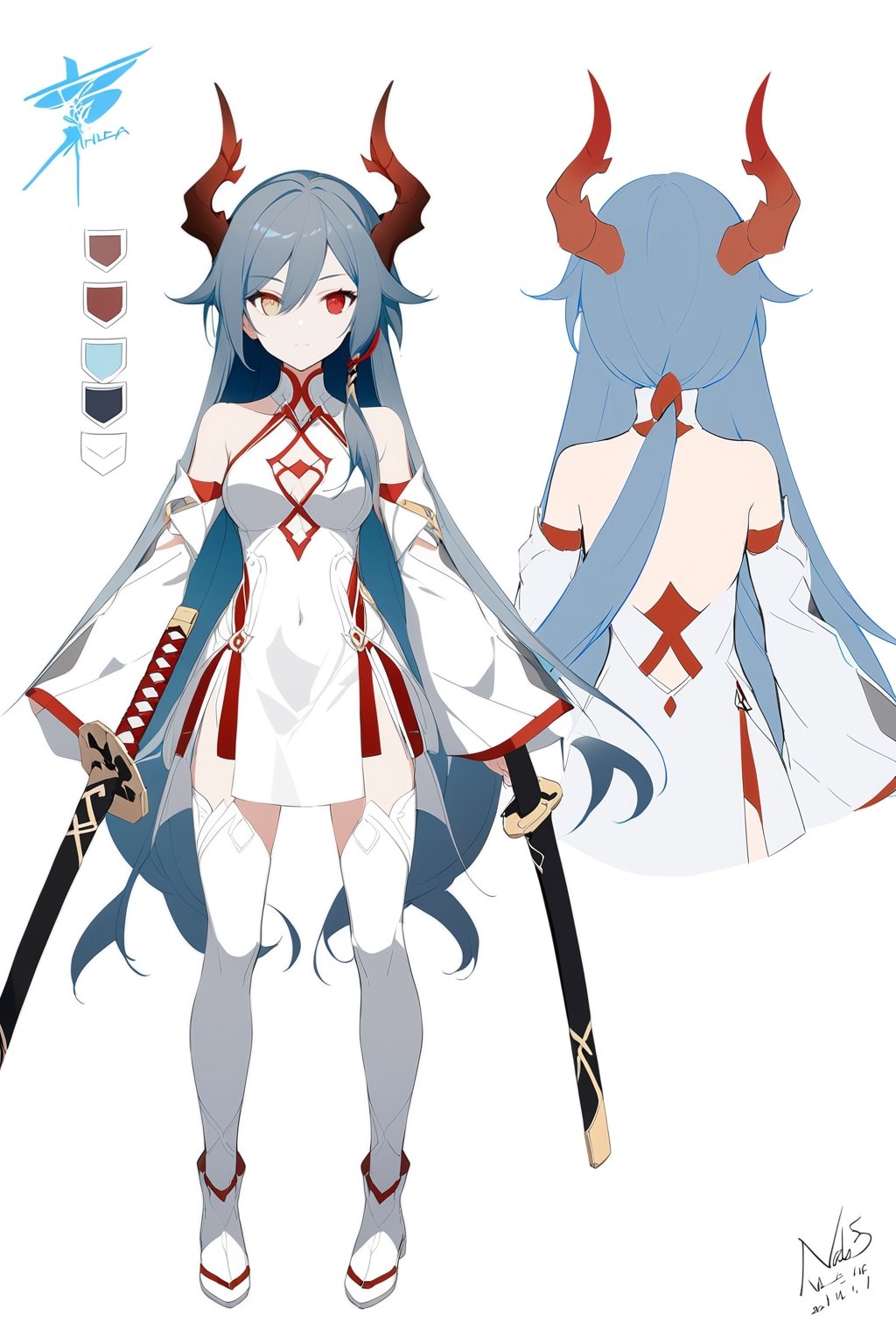 [[fu hua (phoenix)(honkai impact 3rd)]], nai3, 1girl, solo, artstyle,
1girl, long hair, breasts, looking at viewer, bangs, skirt, simple background, red eyes, thighhighs, long sleeves, white background, dress, bare shoulders, closed mouth, blue hair, standing, full body, weapon, detached sleeves, horns, sword, signature, wide sleeves, blunt bangs, white dress, character name, dated, two side up, zettai ryouiki, gradient, sleeves past wrists, covered navel, multiple views, heterochromia, short dress, katana, sheath, sheathed, backless outfit, reference sheet, concept art, multiple horns, sideless outfit
