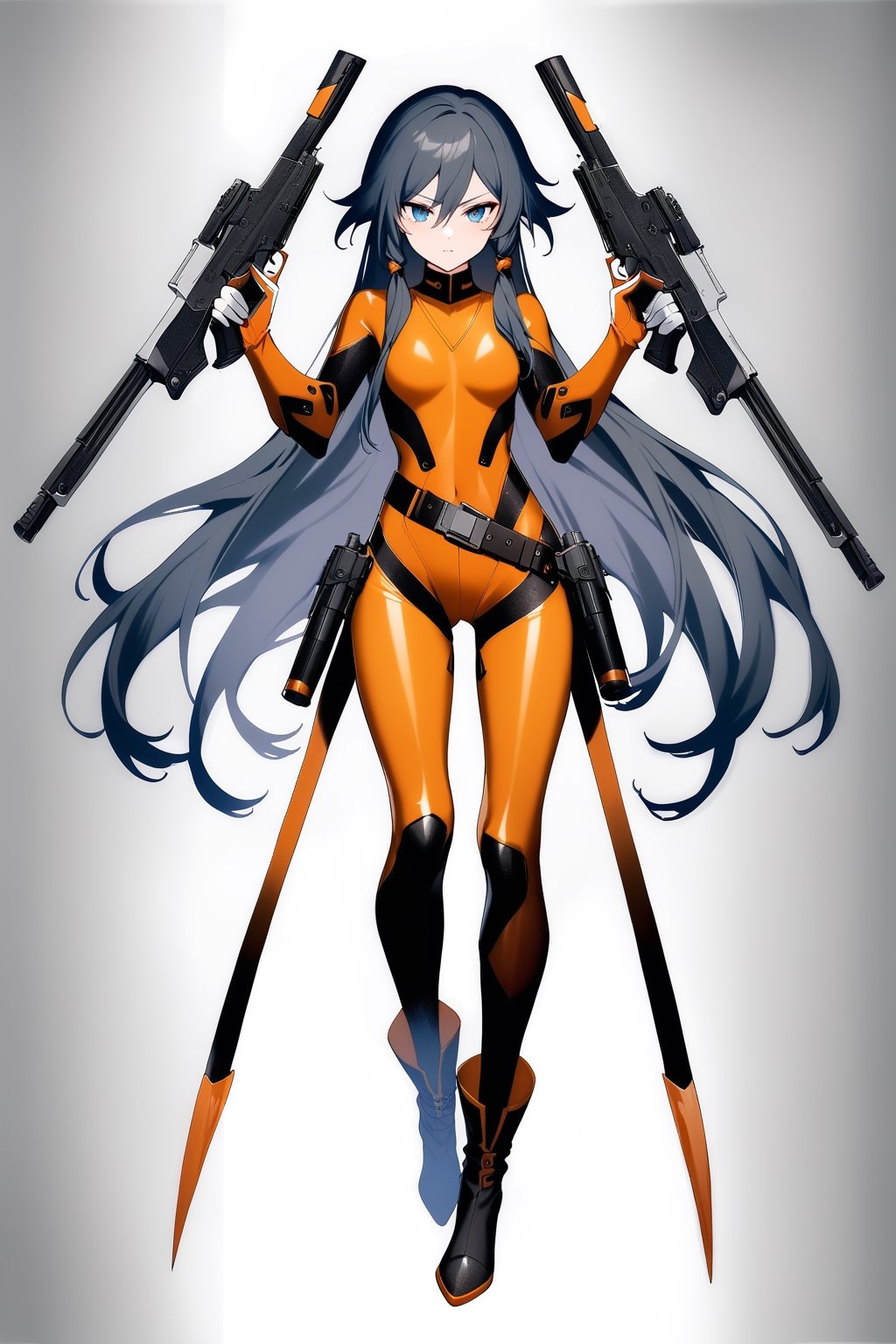 fu hua,(full body), nai3, solo, artstyle,best quality,amazing quality,very aesthetic,absurdres,traditional media 
1girl, solo, long hair, looking at viewer, bangs, blue eyes, black hair, gloves, white background, holding, hair between eyes, closed mouth, standing, full body, weapon, boots, belt, white gloves, black footwear, holding weapon, gun, bodysuit, holding gun, handgun, dual wielding, jumpsuit, orange bodysuit