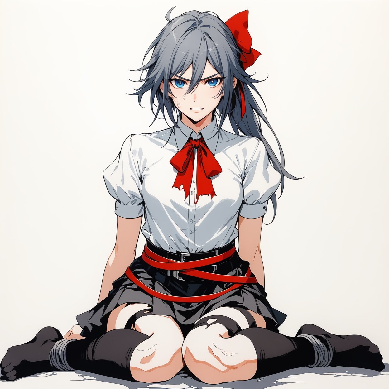 [[fu hua(honkai impact 3rd)]], nai3, 1girl, solo, artstyle,best quality,amazing quality,very aesthetic,absurdres,traditional media,female focus, 
1girl, solo, long hair,  looking at viewer,angry, skirt, simple background, shirt, thighhighs, white background, bow, ribbon, sitting, blue eyes, hair ribbon, short sleeves, hair bow, frills, grey hair, puffy sleeves, black thighhighs, red ribbon, puffy short sleeves, torn clothes, wariza, arms behind back, bound, bdsm, bondage, bound arms, front ponytail,teeth,base leg,crying_with_eyes_open, messy hair