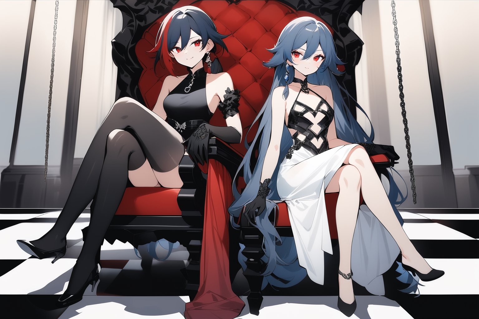 fu hua,(full body), nai3, solo, artstyle,best quality,amazing quality,very aesthetic,absurdres,traditional media 
long hair, smile, short hair, bangs, multiple girls, black hair, hair ornament, red eyes, thighhighs, gloves, dress, 2girls, bare shoulders, sitting, closed mouth, blue hair, full body, flower, red hair, multicolored hair, black gloves, black footwear, white dress, black dress, chain, back, chair, crossed legs, checkered floor, throne, 