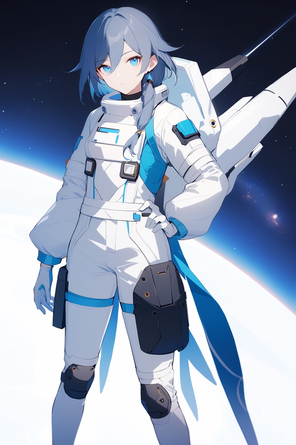 [[fu hua (phoenix)(honkai impact 3rd)]], nai3, 1girl, solo, artstyle,
1girl, solo, looking at viewer, bangs, blue eyes, simple background, gloves, long sleeves, white background, hair between eyes, closed mouth, blue hair, standing, full body, white gloves, medium hair, hand on hip, white footwear, space, knee pads, spacesuit, astronaut,