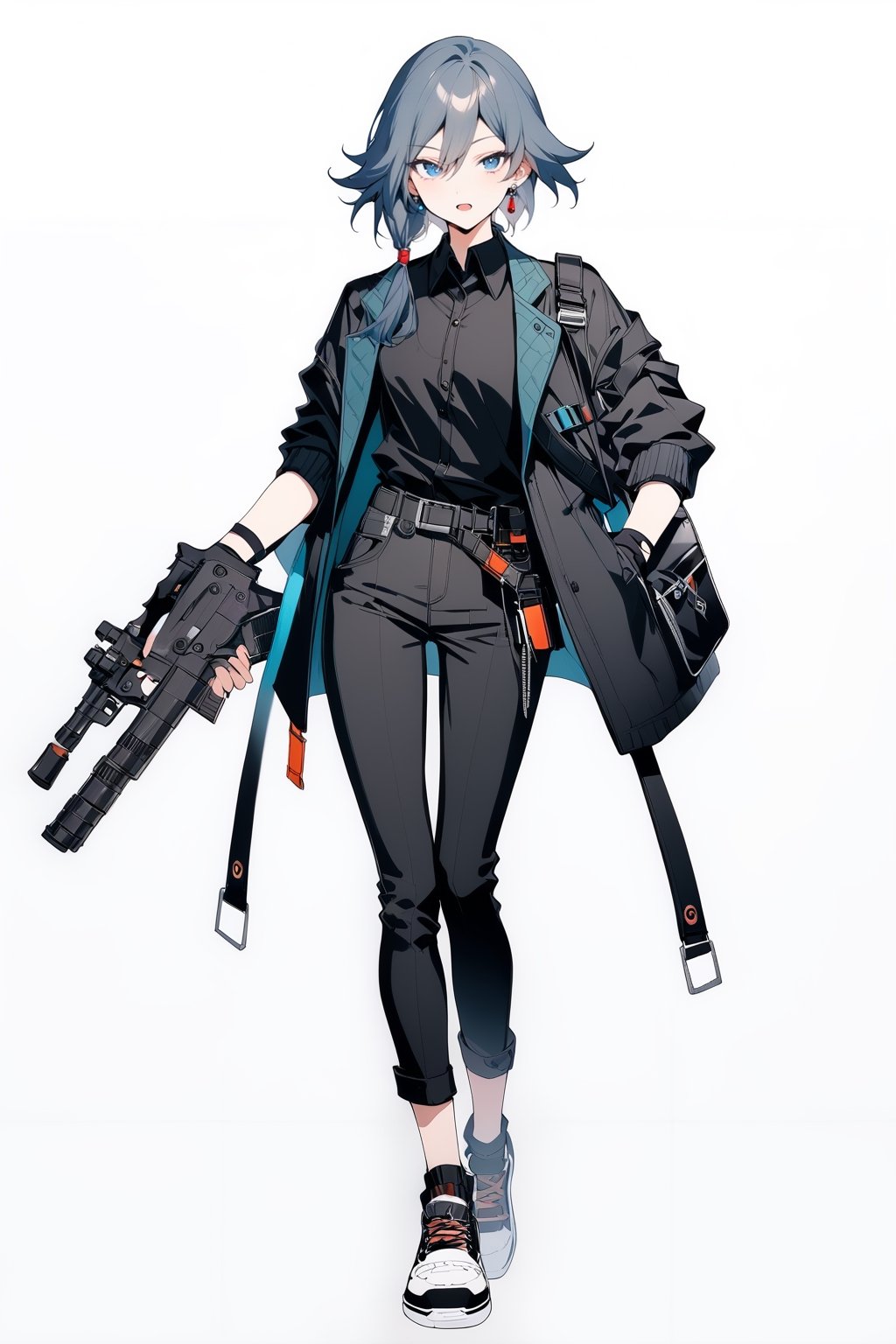 fu hua,(full body), nai3, solo, artstyle,best quality,amazing quality,very aesthetic,absurdres,traditional media 
1girl, solo, looking at viewer, short hair, open mouth, bangs, blue eyes, simple background, shirt, black hair, gloves, white background, holding, jewelry, standing, jacket, full body, weapon, earrings, shoes, black gloves, collared shirt, belt, pants, fingerless gloves, bag, black jacket, gun, black shirt, black pants, sneakers, handgun