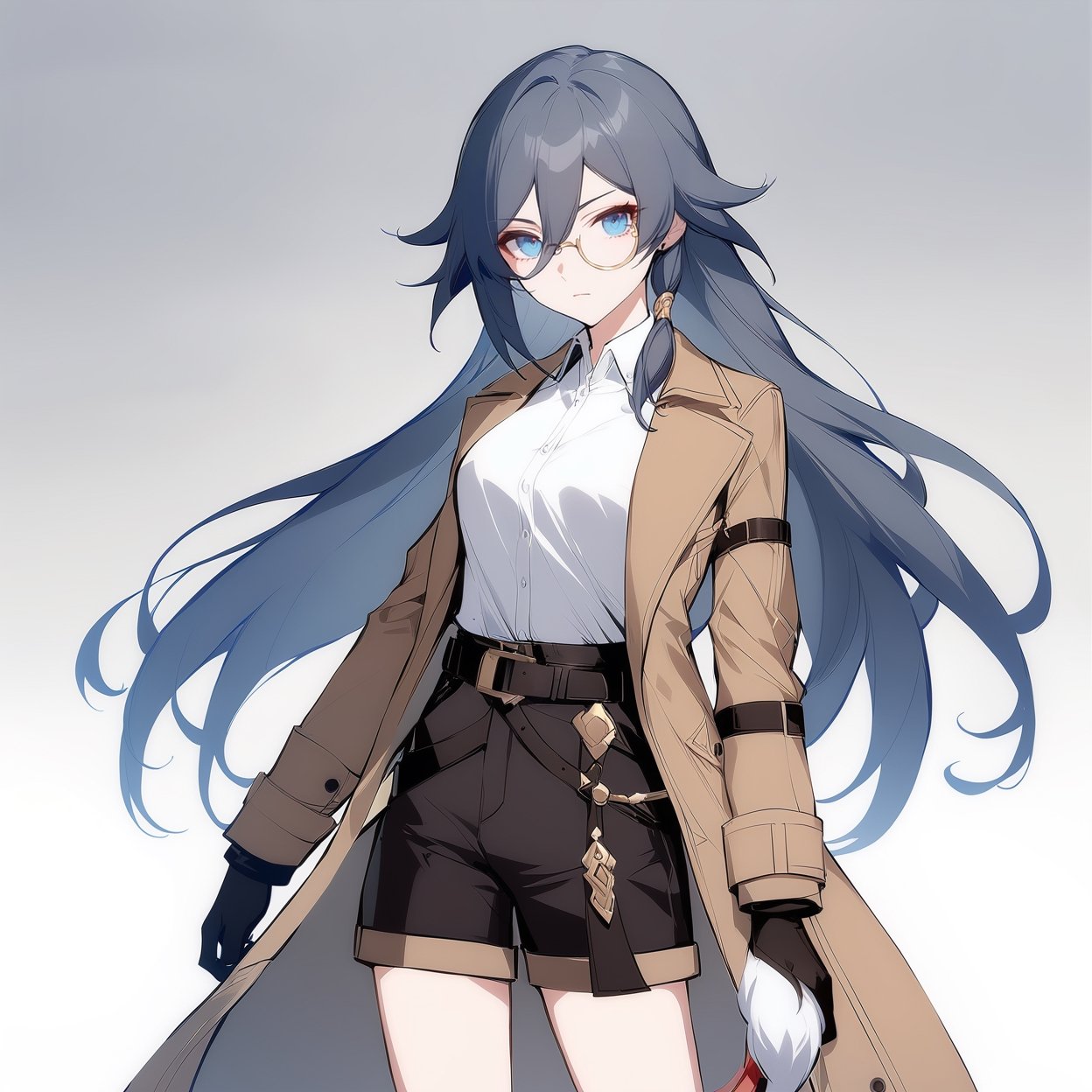 [[fu hua (phoenix)(honkai impact 3rd)]], nai3, 1girl, solo, artstyle,
1girl, solo, long hair, looking at viewer, bangs, blue eyes, shirt, black hair, gloves, long sleeves, hair between eyes, closed mouth, standing, jacket, white shirt, ponytail, glasses, shorts, black gloves, belt, black shorts, brown jacket, brown coat, monocle, polo shirt, detective, fu hua