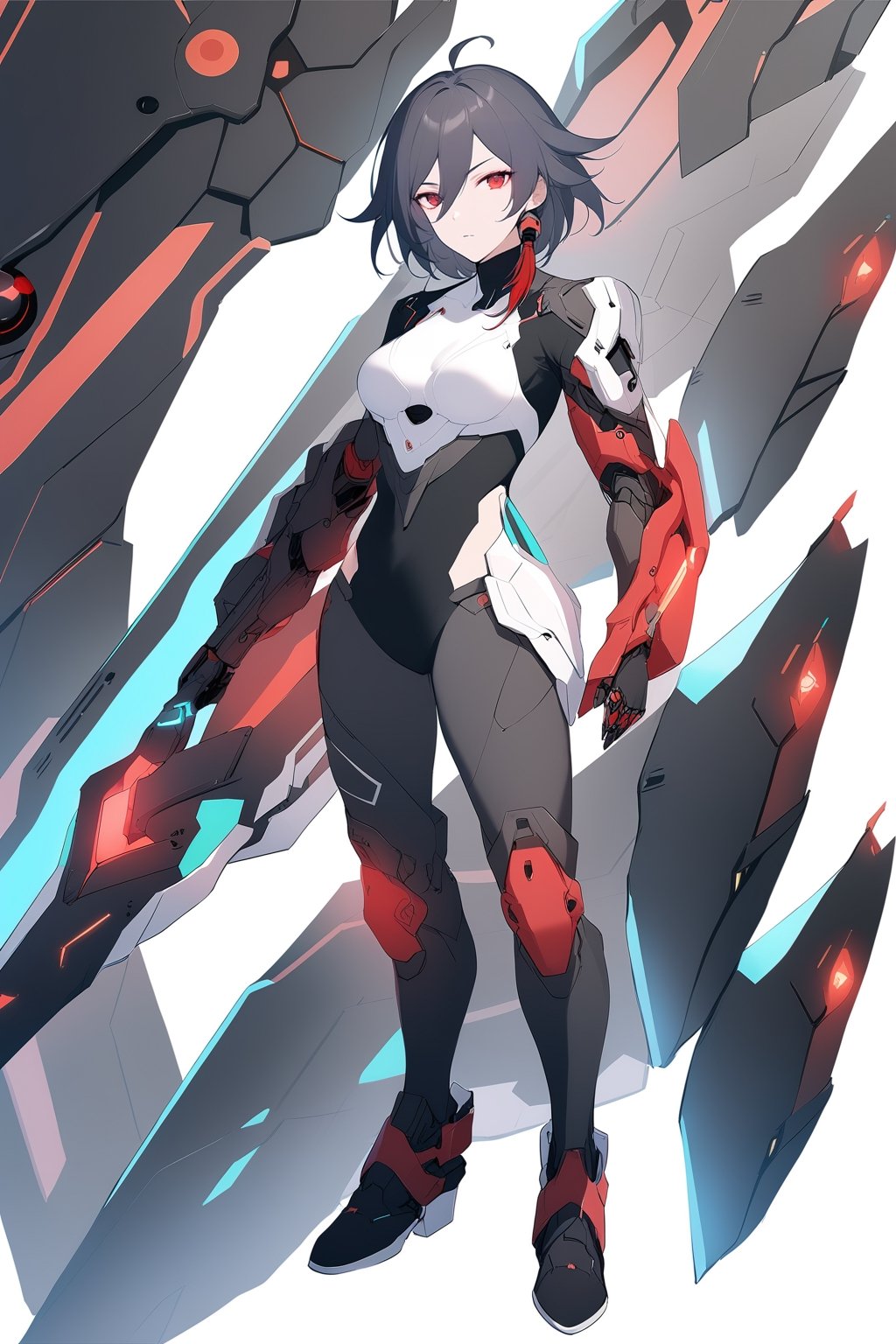 [[fu hua (phoenix)(honkai impact 3rd)]], nai3, 1girl, solo, artstyle,
1girl, solo, breasts, looking at viewer, short hair, bangs, simple background, black hair, red eyes, white background, holding, hair between eyes, standing, full body, weapon, ahoge, holding weapon, science fiction, mechanical arms, cyborg, prosthesis, prosthetic arm, cyberpunk