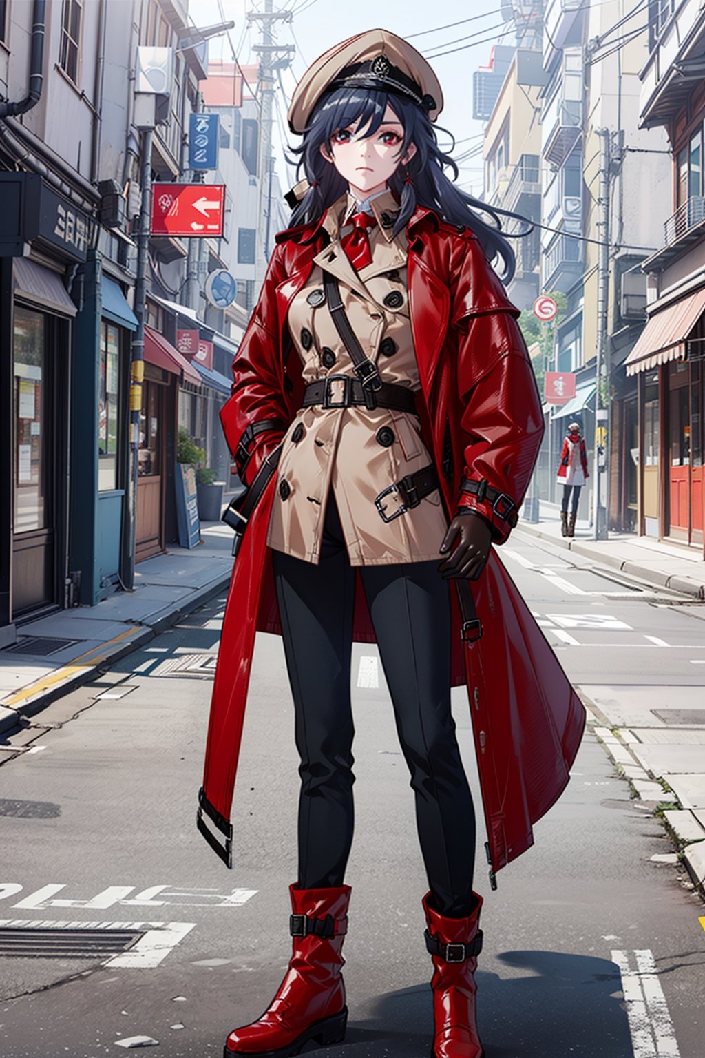 a beautiful woman, black hair,red eyes,fu hua,(((leather Trench  coat,red trench coat,pants,boots,uniform,closed clothes,hat))), senti, red eyes, blue_eyes