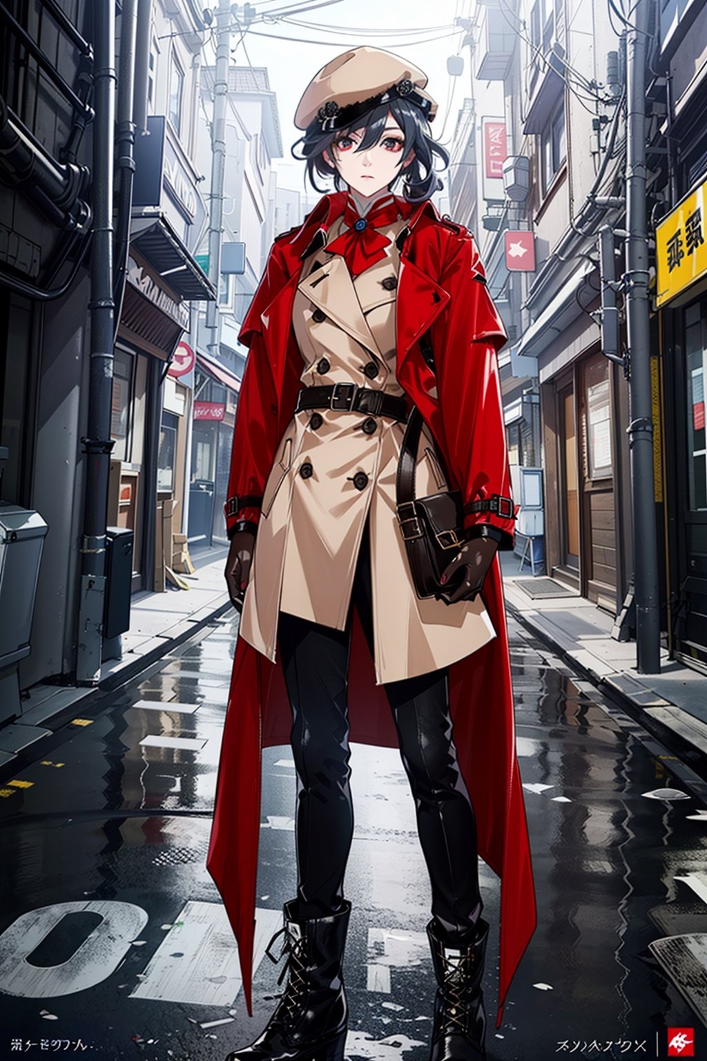 a beautiful woman,(( wearing a red trench coat)),, key visual, vibrant, highly detailed, expressive, cinematic lighting, detailed eyes, cheerful, black hair,red eyes,fu hua,(((leather coat,Trench coat,pants,boots,uniform,closed clothes,hat))), senti, red eyes, blue_eyes