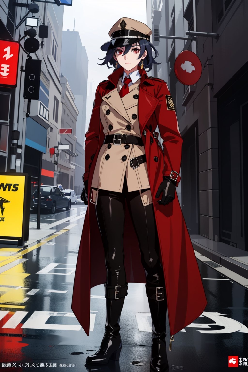 a beautiful woman,(( wearing a red trench coat)),, key visual, vibrant, highly detailed, expressive, cinematic lighting, detailed eyes, cheerful, black hair,red eyes,fu hua,(((leather coat,Trench coat,pants,boots,uniform,closed clothes,hat))), senti, red eyes