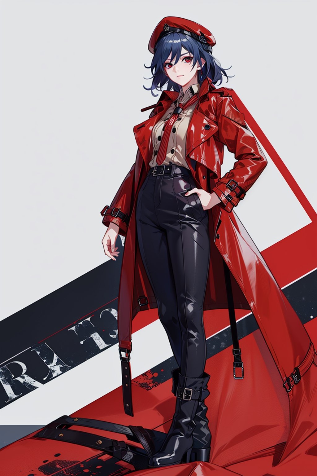a beautiful woman, black hair,red eyes,fu hua,(((leather Trench  coat,red trench coat,pants,boots,uniform,closed clothes,hat))), senti, red eyes, blue_eyes