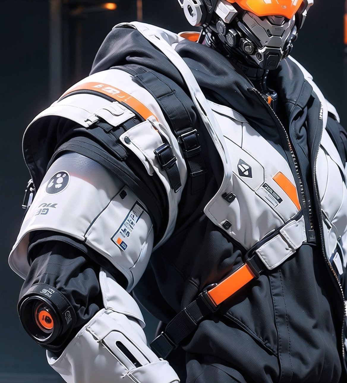 (ultra detailed beautiful eyes and detailed face:1.4), (untra detail face:1.4), (((8k, masterpiece side light, masterpiece, best quality, detailed, high resolution illustration))), ((1 male warrior)), ((orange and white army suit:1.38)), protection gear, battlefield, armor, extra large helmet, metallic suit gare, beautiful big eyes, green neon light eyes, dark background, blur background, holding mechine gun, walking,((front_view)),  ((extra big head:1.36)), ((extra short body:1.36)), many neon light from gear join, red neon light, blur background, heavy fog environment, dynamic light on body, ((front view)), closeup shots,  urban techwear,C7b3rp0nkStyle,1 man ,Papi Kocic, real face, masculine, macho