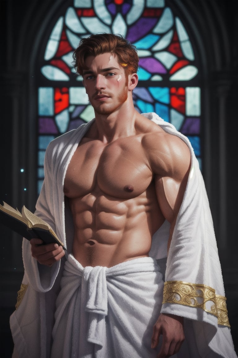 (handsome young cleric conjuring magic), facial hair, (shirtless), (intricate robes of many colors), swirling robes, best quality, absurdres, masterpiece, light particles, stained glass, realistic face, realistic skin, (skin pores:1.2), (bodybuilder), ginger, (short hair),