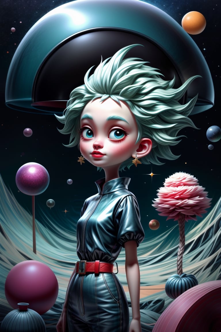 (in the style of Dr. Seuss:1.3), retro dark vintage sci-fi 2d matte dark gouache illustration dark deep space explorer, glitter, Imaginative_Melodies, 