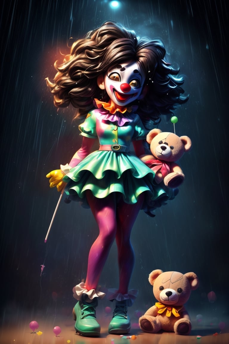 (One Creepy clown wearing afro rainbow wig holding a teddy bear, raining lollipops, full length portrait, full body portrait, Nightmarish lighting, Clowncore, Insomniac Games, Prismwave, overwatch, Comedy:1.2), glitter